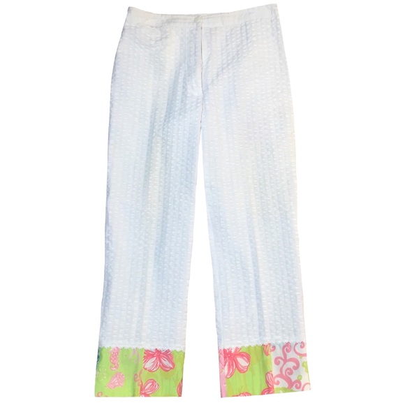 Lilly Pulitzer White Cropped Pants w/ Mixed Lily Print Hemline, Sz 4/Small, EUC - Picture 3 of 13